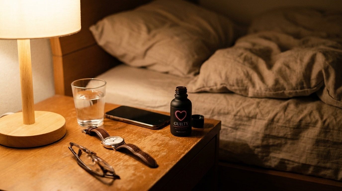常夜灯のナイトテーブルに置かれたGUILTY POTION——隠す必要のない、合法の夜
