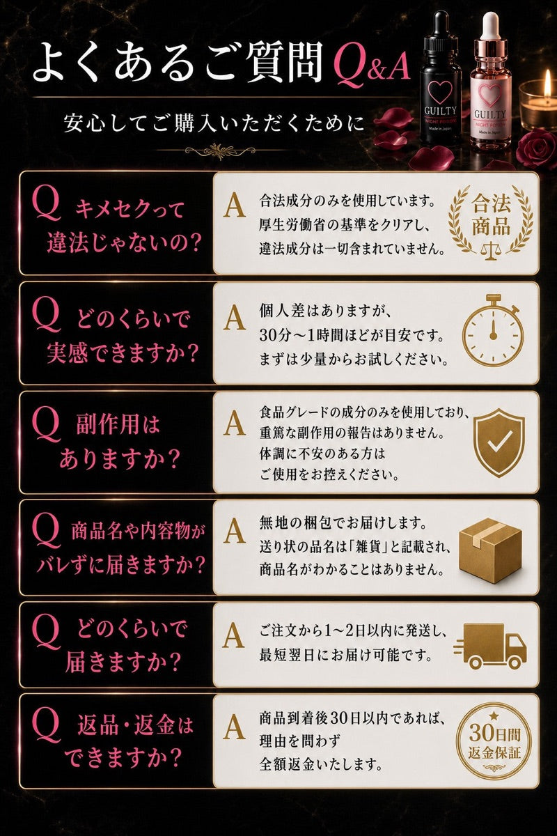 よくあるご質問。合法性・体感時間・副作用・配送・返金保証について