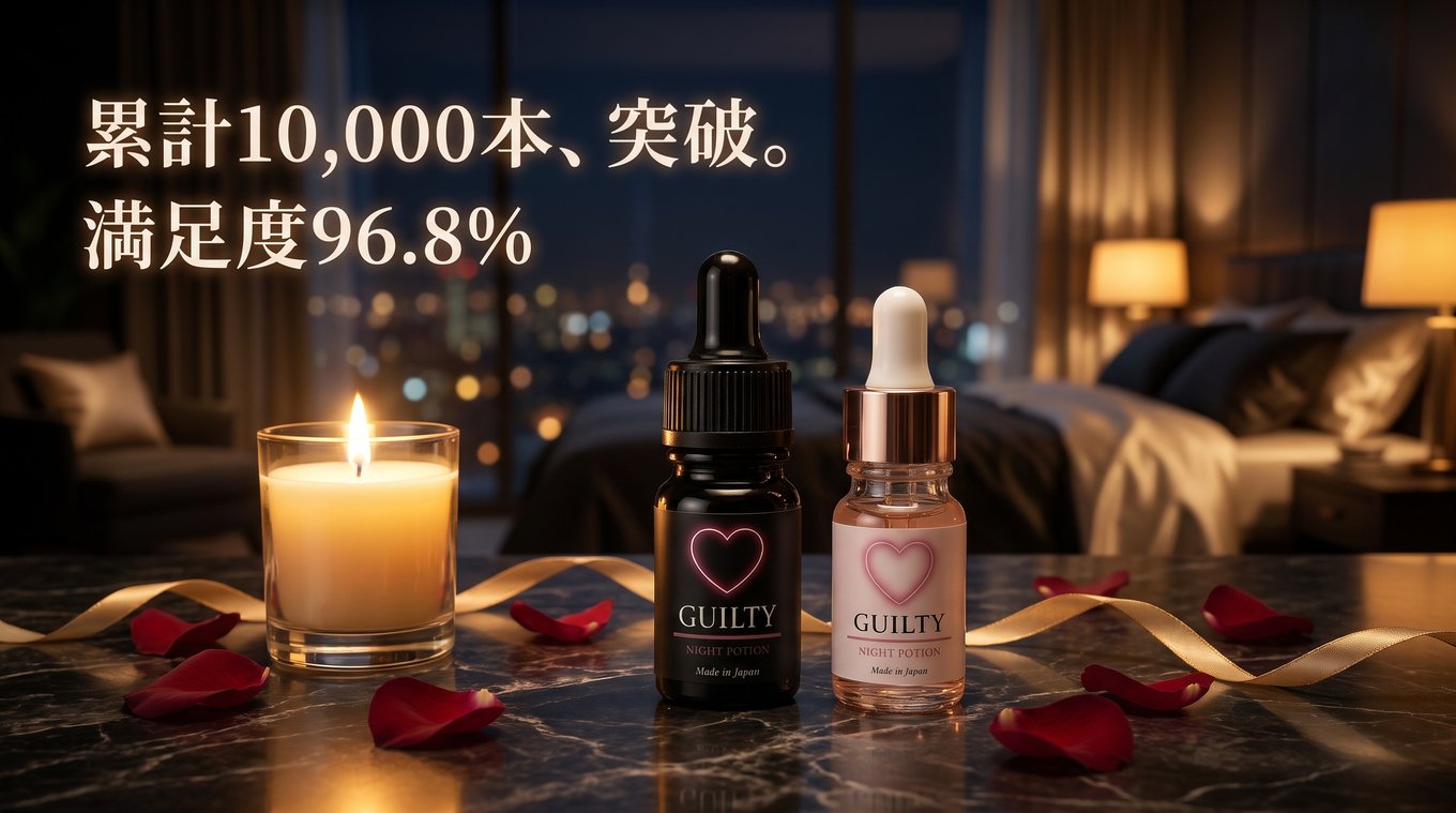 累計10,000本突破・満足度96.8%——GUILTY POTIONのボトルと白い花