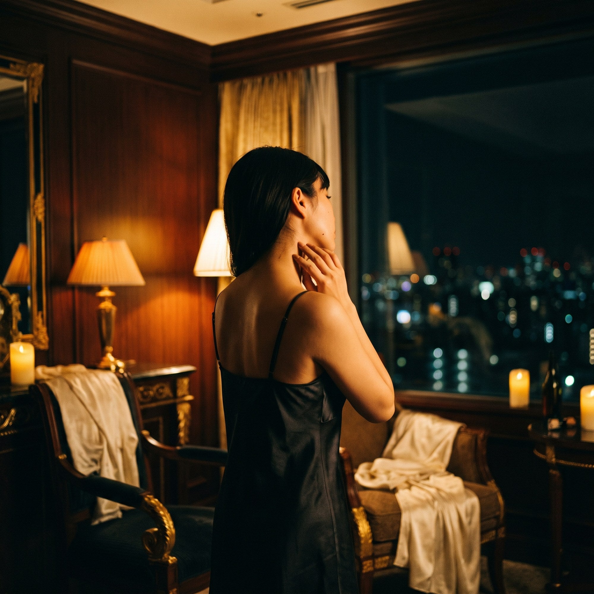 窓辺で首筋に触れる大人の女性
