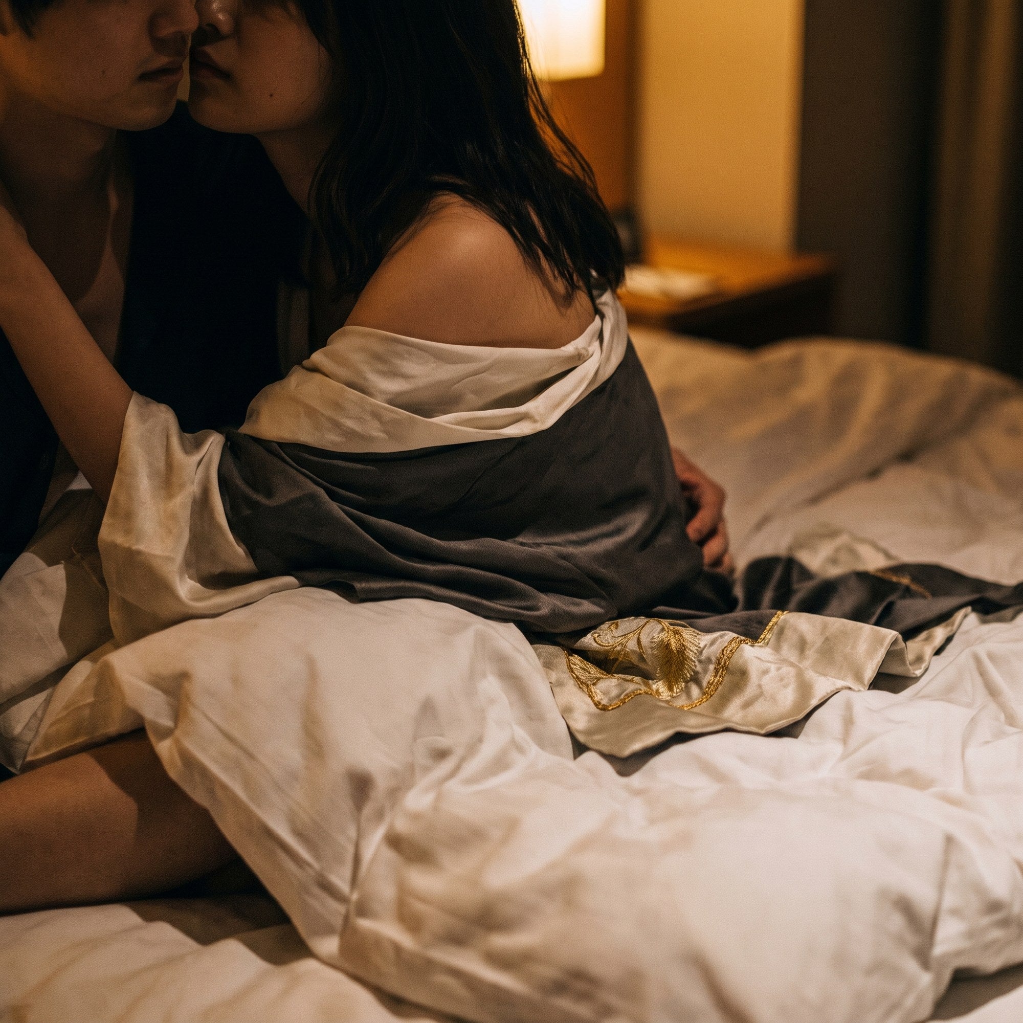 白いシーツの上で抱き合う男女