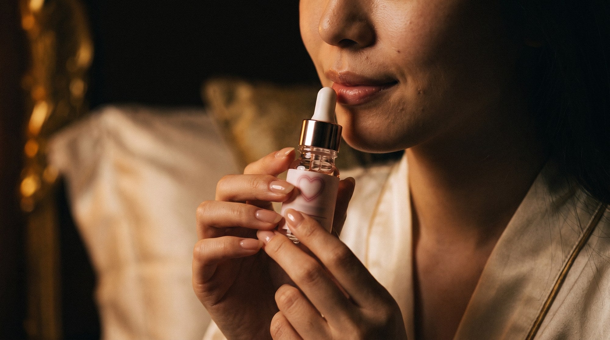 試した夜から、戻れない。——ボトルを口元に寄せて微笑む女性